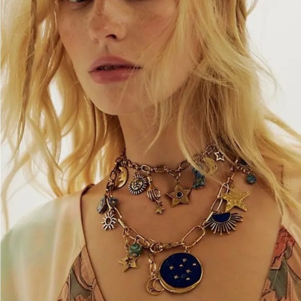 Free People Stargirl Maxamillion Gold and Blue Celestial Charm Necklace